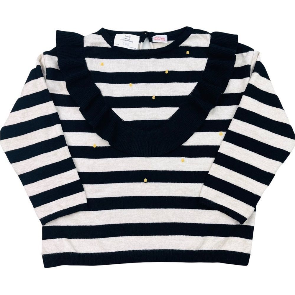 Zara Baby Knitwear Size 3 4 Years Tan Off-White and Black Stripe Sweater Ruffled